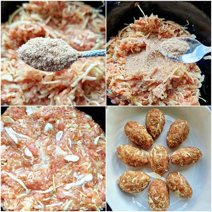 Gołąbek keto przygotowanie. Kolaż 4 zdjęć na których jest pokazane jak przyprawić mięso na gołąbki i jak formować