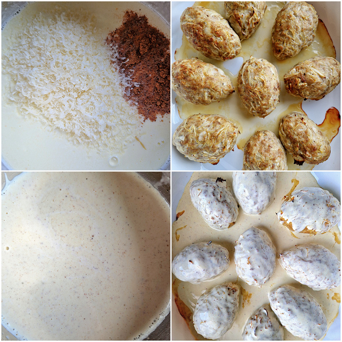 Kolaż zez zdjęciami jak przygotować keto gołąbki bez zawijania. Połączenie sera i przypraw w sosie i zalanie podpieczonych gołąbków.