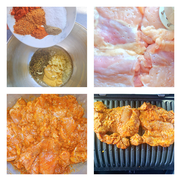 Kolaż z krokami jak przygotować grillowane mięso z udek kurczaka. Połączenie składników w misce na marynatę, nakłuwanie mięsa. Marynowanie i smażenie na grillu elektrycznym