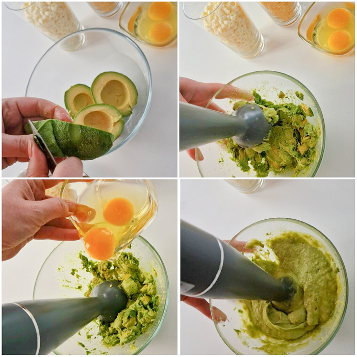 Kolaż czterech zdjęć przedstawiających przygotowanie masy na bułeczki. Widać miskę, w której po kolei blendowane są awokado, ser i jajka. Na ostatnim zdjęciu pokazana jest gładka, zielona masa