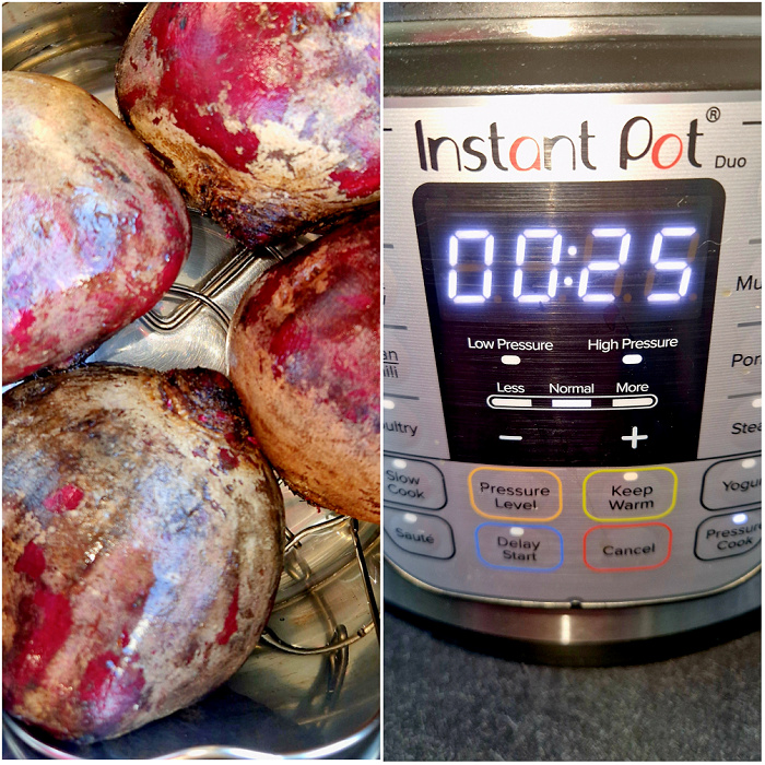 Kolaż przedstawia kolaż 2 zdjęć. Ułożenie buraków na kratce w Instant Pot i uruchomienie naczynia na czas 25 minut.