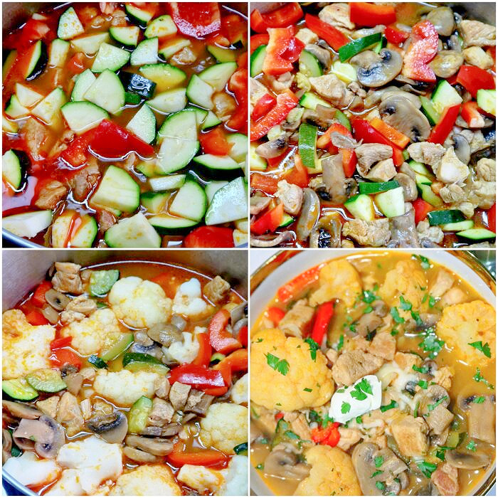 Kolaż przygotowania gulaszu wieprzowo-warzywnego- Low-Carb krok po kroku.