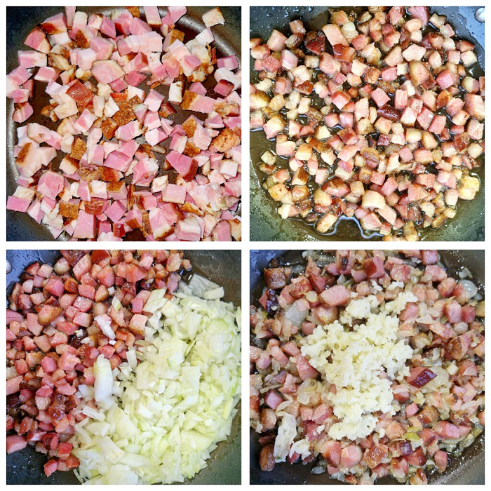 Kolaż czterech zdjęć pokazujących dokładnie, jak pokroić i podsmażyć boczek z cebulką na patelni, aż stanie się rumiany i chrupiący i dodanie czosnku.