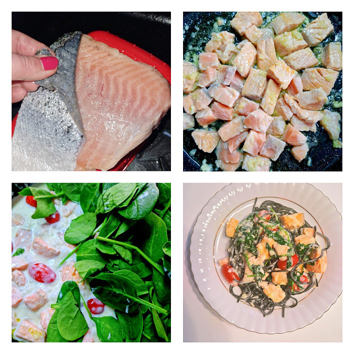 Kolaż czterech zdjęć przedstawiających przygotowanie łososia w sosie śmietanowo-szpinakowym: Zdejmowanie skóry z fileta z łososia. Podsmażanie pokrojonych w kwadraty kawałków łososia na maśle z czosnkiem. Dodawanie śmietanki i świeżego szpinaku na patelnię. Gotowe danie podane na biało-złotym talerzu z makaronem na jasnym tle.