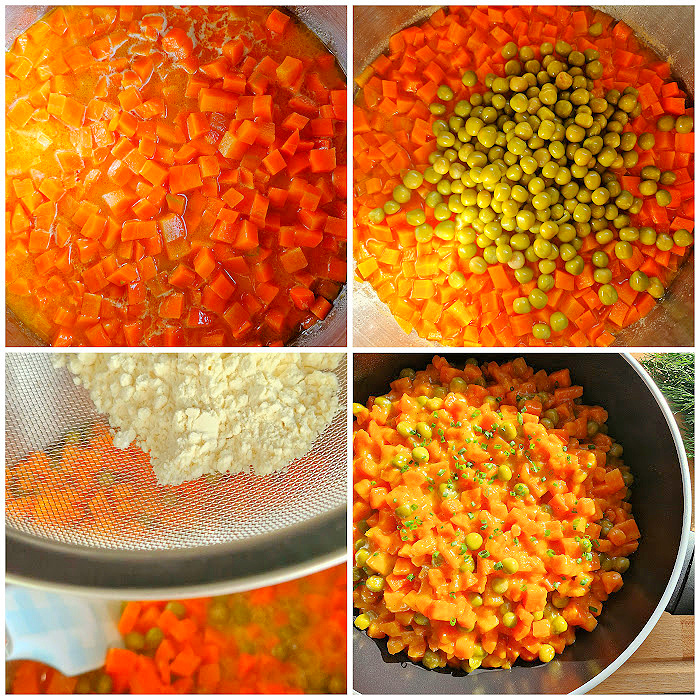 Kolaż czterech zdjęć pokazujących przygotowanie marchewki z groszkiem: duszenie warzyw, dodawanie masła, mąki i zagęszczanie sosu
