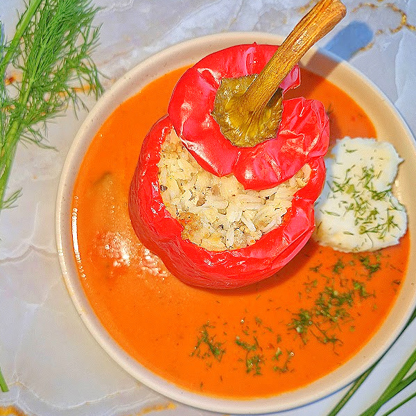 Kwadratowe zdjęcie dania głównego. Na kremowym talerzu sos pomidorowy posypany świeżą zieleniną, obok porcja puree ziemniaczanego i papryka faszerowana mięsem, ryżem i serem.
