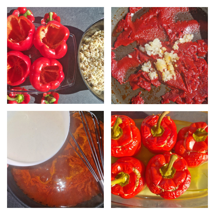Kolaż czterech zdjęć przedstawiający proces przygotowania papryki faszerowanej: miska z gotowym farszem, papryki napełnione mięsem i ryżem, sos pomidorowy podsmażany z czosnkiem na maśle, gotowe upieczone papryki w brytfance.