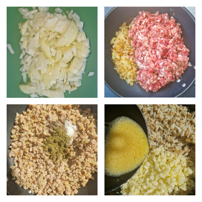 Kolaż czterech zdjęć przedstawiających przygotowanie farszu: posiekana cebula na desce, mięso mielone dodane do podsmażonej cebuli na patelni, przyprawianie mięsa, zagęszczanie farszu jajkiem i startym serem.