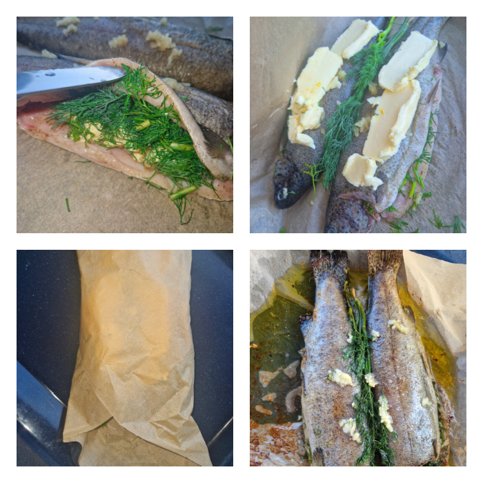 Kolaż czterech zdjęć z przygotowania pstrąga: ryba nadziana masełkiem i koperkiem, przyprawiona i owinięta w papier do pieczenia, a na końcu upieczona.