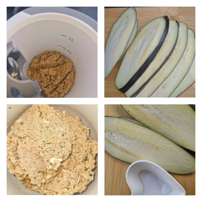 Kolaż z przygotowaniem roladek z bakłażana nadziewanego masą serowo-orzechową