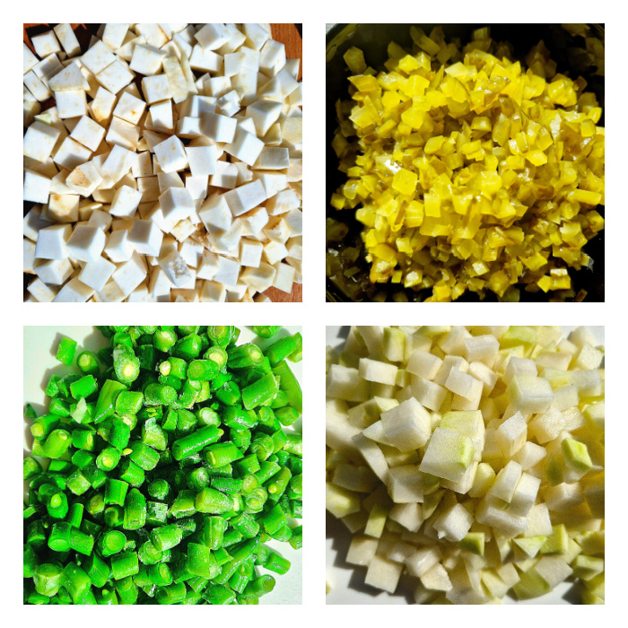 Kolaż z przygotowaniem jarzyn do keto sałatki jarzynowej. Seler, ogórki kiszone, fasolka zielona i kalarepa w kostkę