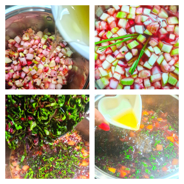 Kolaż przedstawiający kroki do wykonania niskoweglowodanowej zupy z botwinki. Podsmażoną na cebuli cukinię i kalarepę zalewa się bulionem, gotuje, dodaje botwinkę i sok z cytryny.