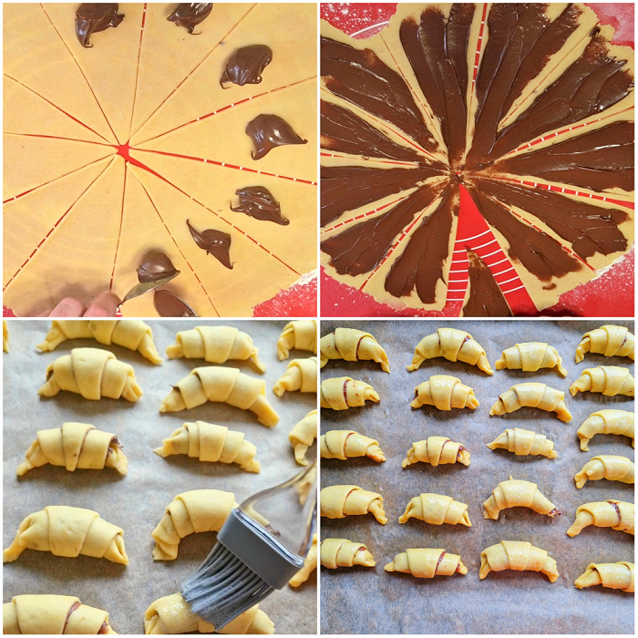 Kolaż czterech zdjęć pokazujących formowanie rogalików. Na trójkątne kawałki ciasta nakładana jest Nutella, następnie zwijane są w rogaliki, układane na blasze z papierem do pieczenia i odstawiane do wyrastania.