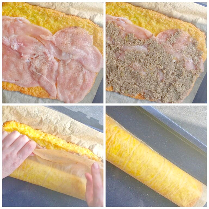 Kolaż czterech zdjęć. Najpierw pokazano upieczony placek serowy. Na kolejnym ułożony filet z kurczaka, dalej podsmażone pieczarki, a na ostatnim etapie roladę zawijaną w rulon.