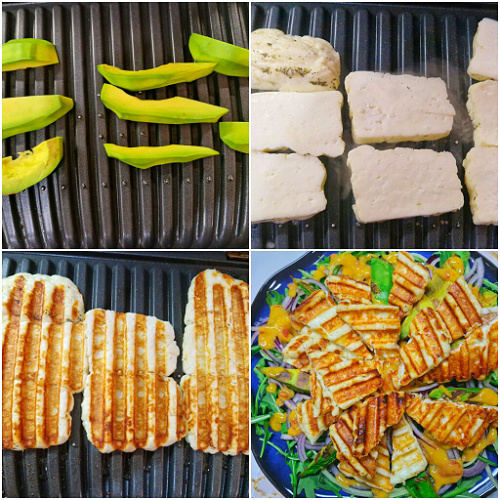 Kolaż czterech zdjęć z grillowania. Na patelni grillowej: najpierw plastry awokado, potem grillowany ser halloumi, na kolejnym ujęciu ser jest złocisty i lekko przypieczony, a na ostatnim zdjęciu gotowa sałatka.