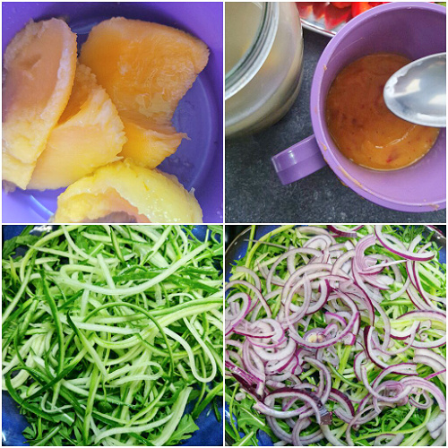 Kolaż czterech zdjęć: miksowanie pomarańczowego sosu mango-chili, następnie przygotowanie długich pasków z ogórka przy pomocy obieraczki, a na końcu dodanie czerwonej cebulki.