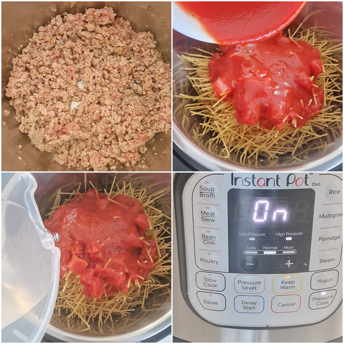 Kolaż zdjęć przygotowania spaghetti w szybkowarze krok po kroku
