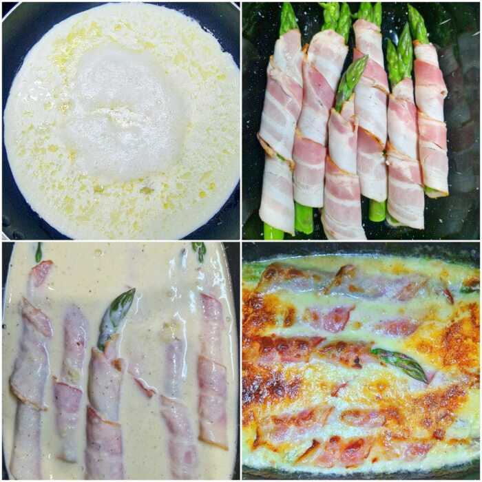 Kolaż czterech zdjęć pokazujących etapy przygotowania dania: gotowanie sosu, ułożenie w naczyniu żaroodpornym szparagów owiniętych boczkiem, zalanie ich sosem i zapieczone gotowe danie.