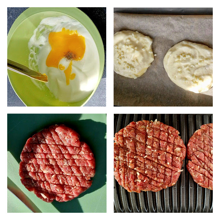 Kolaż czterech zdjęć. Na pierwszym ujęciu ubijana jest piana pod bułeczki keto. Na drugim widać przygotowywanie mielonej wołowiny. Trzecie zdjęcie przedstawia smażenie mięsa na patelni grillowej.