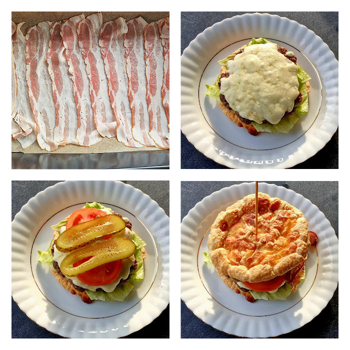 „Kolaż czterech zdjęć. Najpierw pokazano przygotowywanie plastrów boczku do smażenia. Kolejne kadry ukazują etapy składania burgera soczysta wołowina z serem, warzywa, sosy, a całość przykryta keto bułką i przebita wykałaczką na białym talerzu.