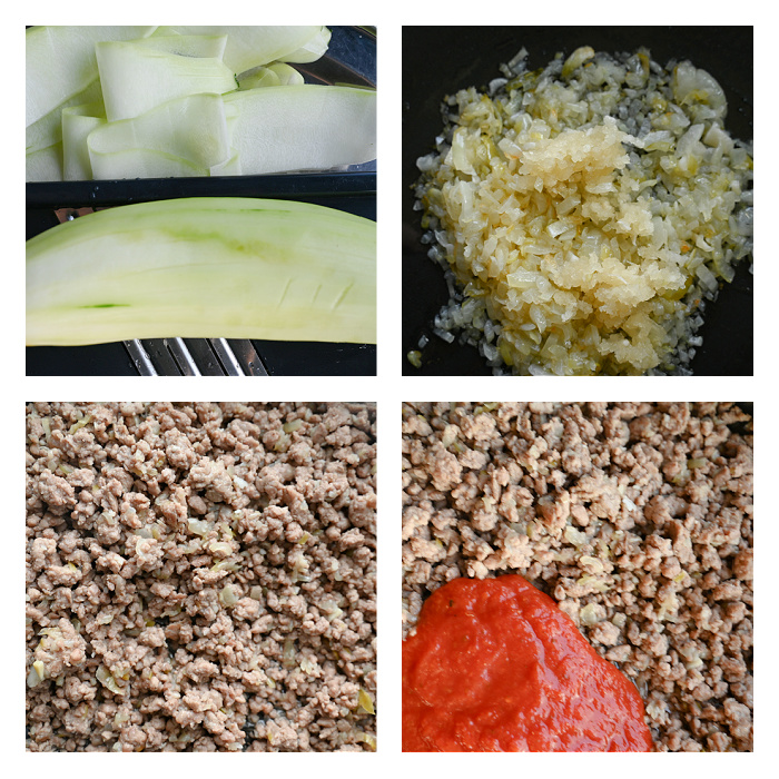 Cztery zdjęcia przedstawiające etapy przygotowania farszu do keto lasagne z cukinii: krojenie cukinii w cienkie plastry, smażenie cebuli i czosnku, dodanie mięsa mielonego oraz passaty pomidorowej na patelni.