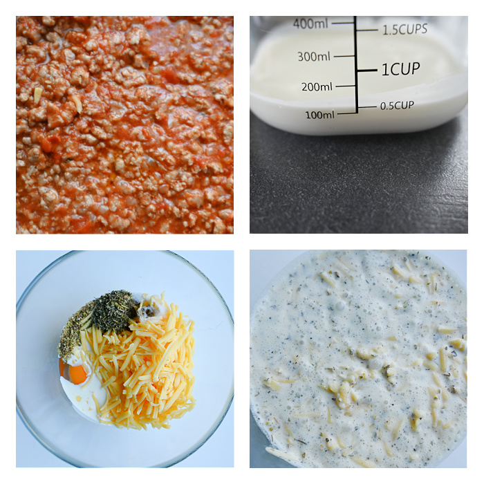 Cztery zdjęcia ukazujące połączenie składników farszu: mięso z passatą, odmierzanie śmietanki, dodawanie przypraw i mieszanie wszystkiego w misce.