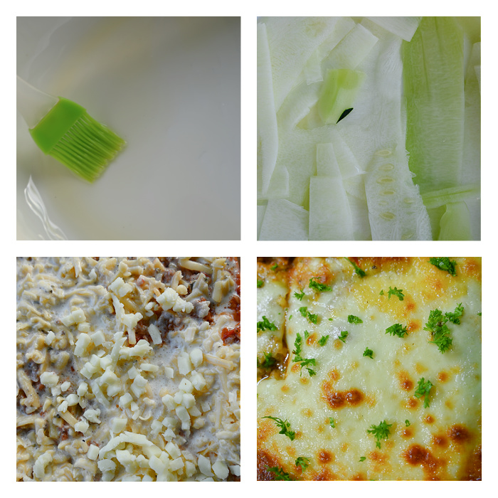 Cztery zdjęcia pokazujące kolejne etapy układania keto lasagne z cukinii: wysmarowane tłuszczem naczynie, ułożone plastry cukinii, nakładanie farszu i sera, oraz gotowe danie przed i po zapieczeniu.