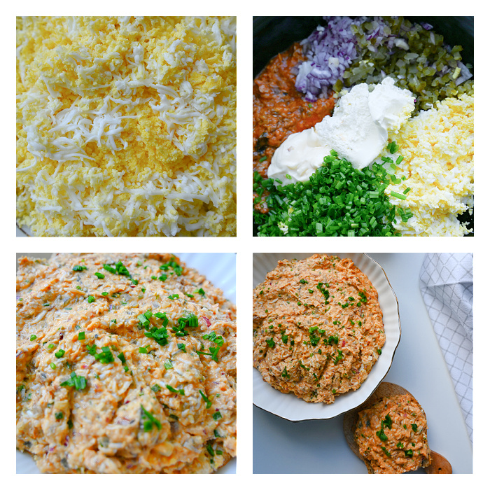 Kolaż czterech zdjęć przedstawiających proces przygotowania pasty ze śledzia: starte jajka na twardo, wszystkie składniki w jednej misce (śledź, twarożek, ogórek, cebula, majonez, przyprawy), zbliżenie na gotową pastę oraz kromkę chleba z pastą na małej deseczce.