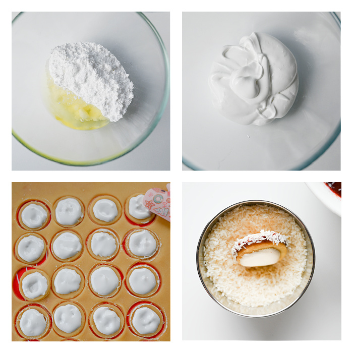 Kolaż przedstawiający etapy przygotowania ciasteczek aspirynek od ubijania białek po obtaczanie w kokosie