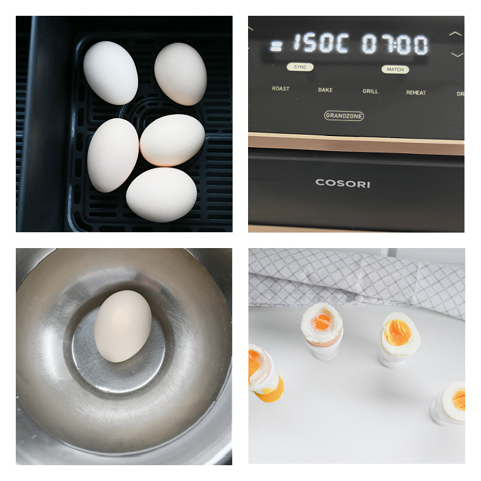 Kolaż przedstawiający przygotowanie jajek w air fryerze . Ułożenie jajek w koszyku, ustawienie programu, schładzanie w zimnej wodzie i gotowe jajka na białym blacie