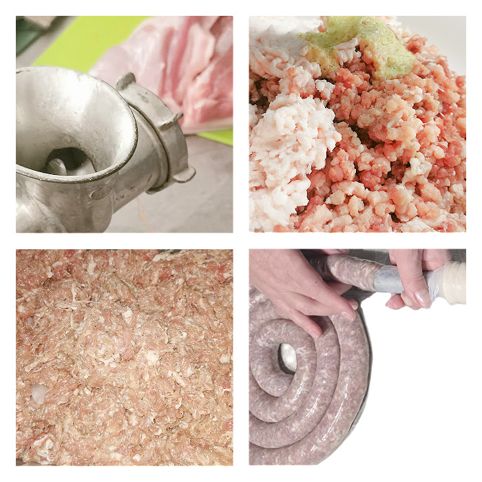 Kolaż przedstawiający przygotowanie farszu na kiełbasę czosnkowo-majerankową – mielenie mięsa i gotową masę mięsną z czosnkiem