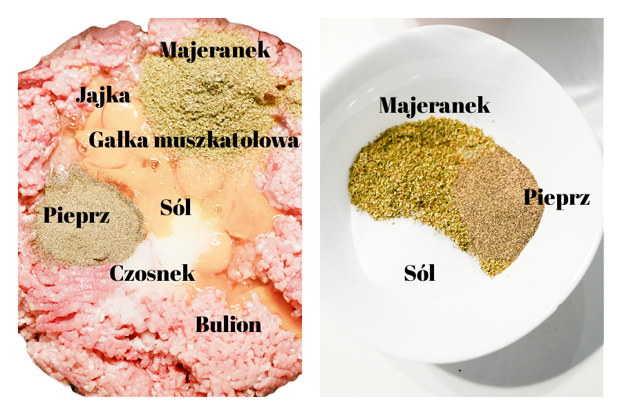 Składniki do necówki. Kolaż 2 zdjęć. Mięso mielone z przyprawami oraz miseczka z przyprawami do polędwicy