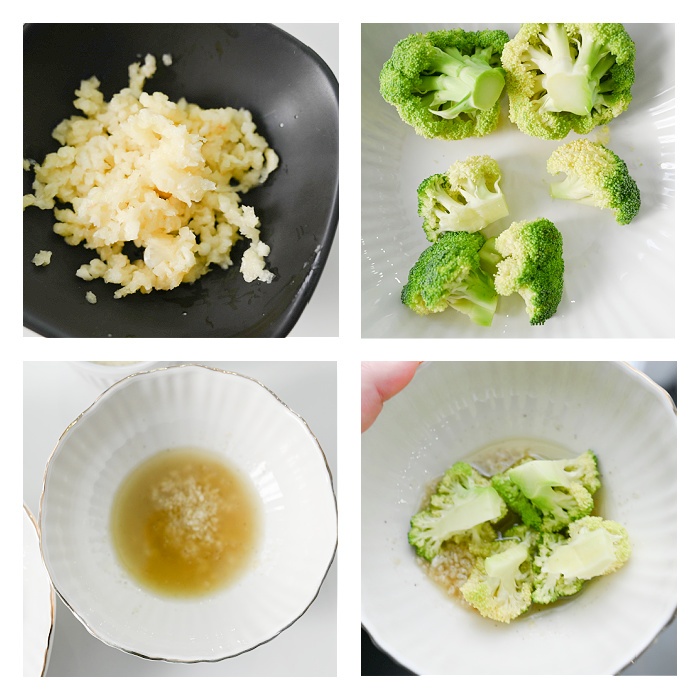 Etapy przygotowania brokułów z parmezanem i czosnkiem do Air Fryera – czosnek, brokuły i olej z przyprawami