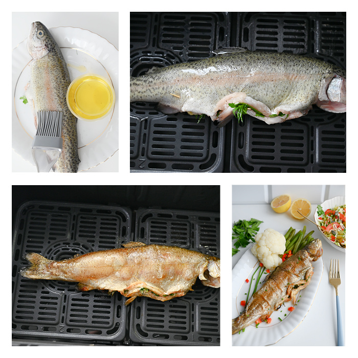 Proces przygotowania i pieczenia pstrąga w Air Fryerze, od smarowania masłem po gotowe danie.