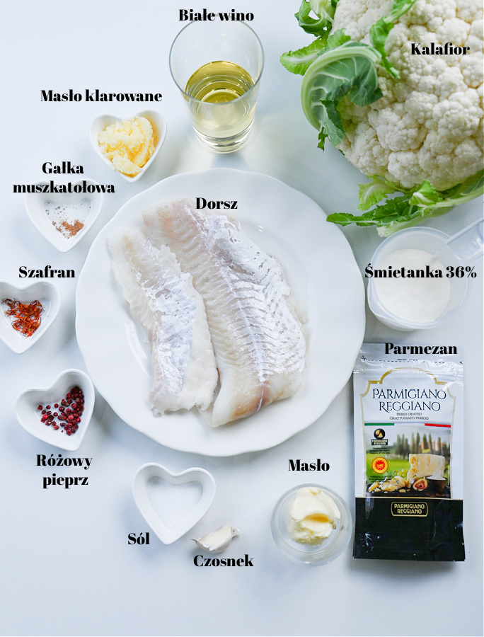 Składniki na danie Pink Pepper Passion: polędwica z dorsza, kalafior, śmietanka, szafran i różowy pieprz.