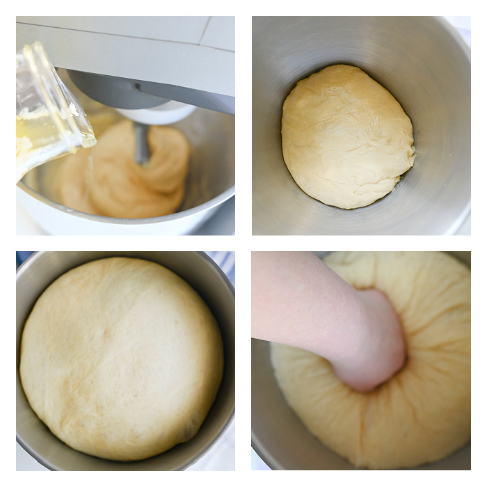 Proces wlewania masła do ciasta drożdżowego oraz technika odgazowania wyrośniętej masy poprzez uderzenie pięścią.