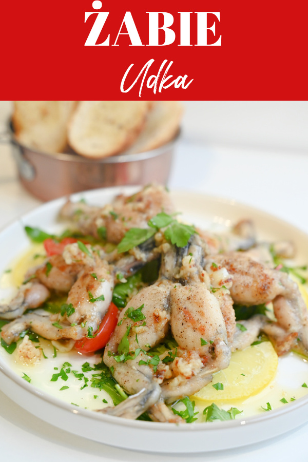 Kolaż pinterestowy z napisem ŻABIE UDKA i gotowe danie na talerzu.
