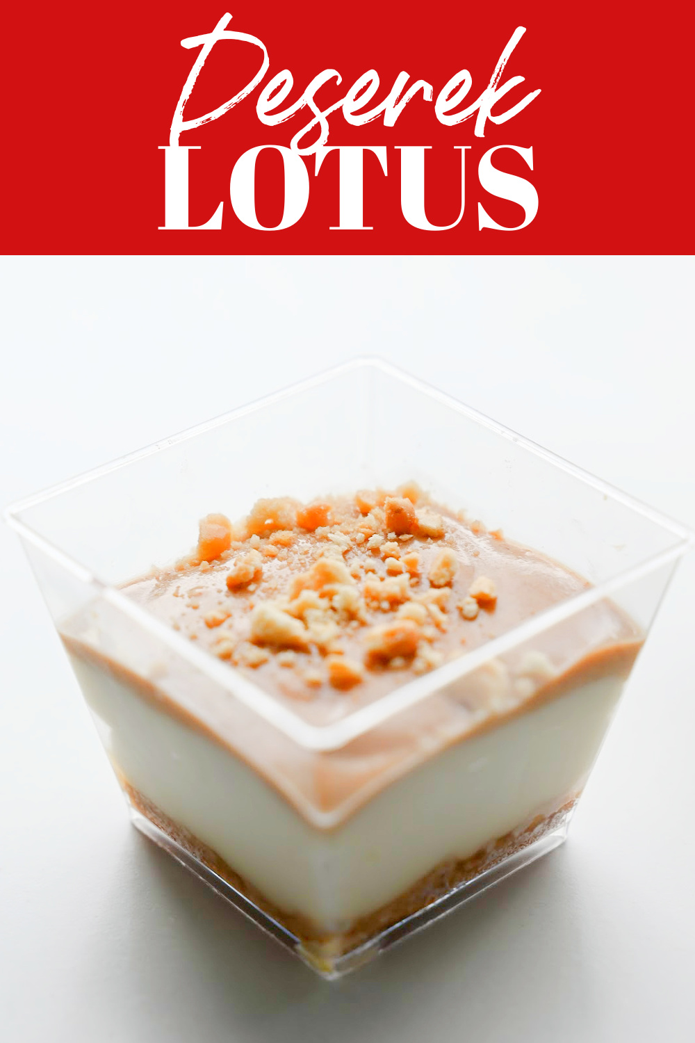 Kolaż Pinterest przedstawiający deser Lotus podany w małym przezroczystym kwadratowym pucharku.