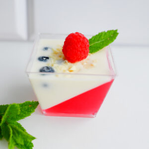 Zdjęcie główne kwadratowe przedstawiający pojedynczy deserek panna cotta z czerwoną galaretką, borówkami i maliną, stojący obok gałązki mięty na białym tle.