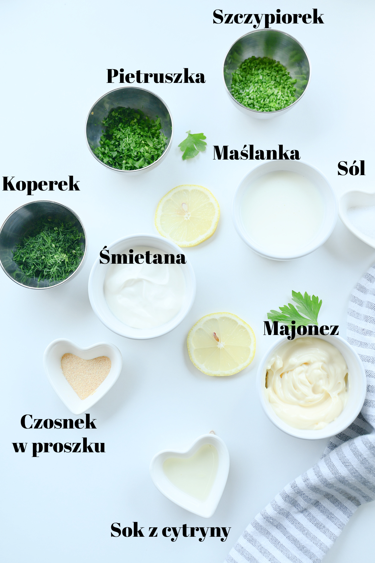 Składniki na domowy sos ranch ułożone w miseczkach na białym tle z podpisami.