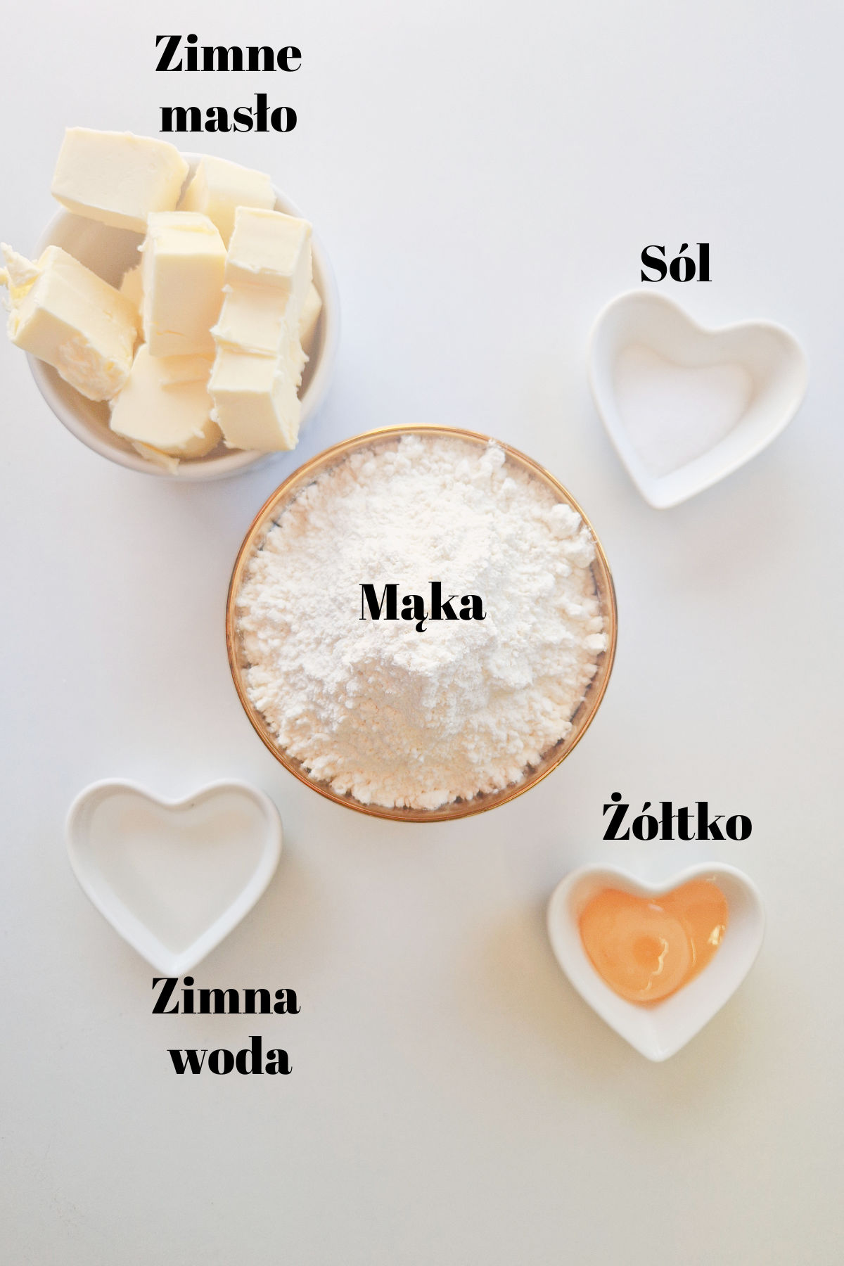 Składniki na ciasto: mąka w miseczce, pokrojone zimne masło, żółtko, woda i sól na białym tle.