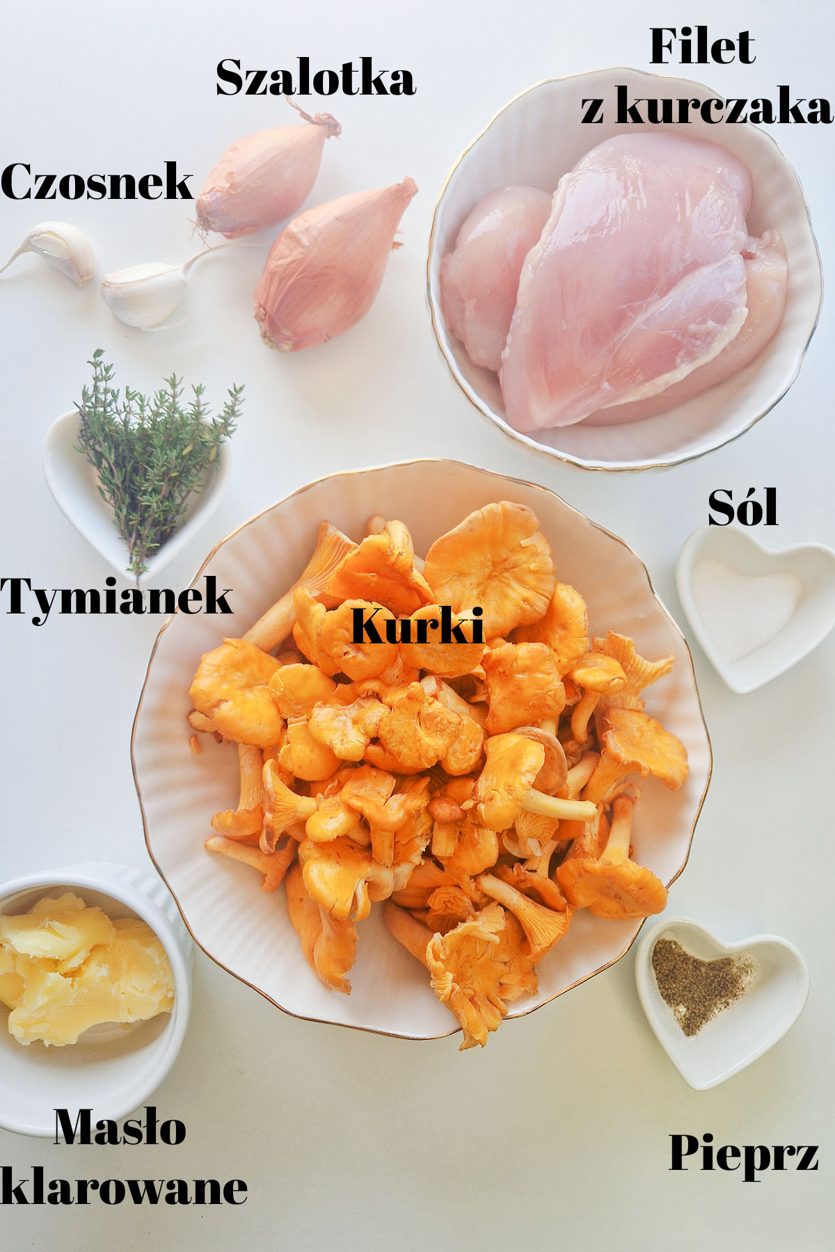 Świeże kurki w białej misce, surowy filet z kurczaka, szalotki, czosnek, tymianek i masło klarowane.