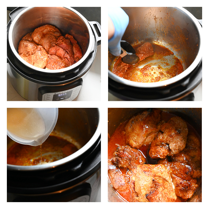 Kolaż przedstawiający obsmażanie i podlewanie mięsa w misie szybkowaru Instant Pot.