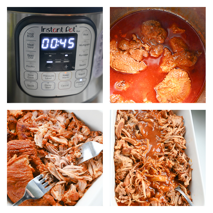 Kolaż z ustawieniem czasu na wyświetlaczu Instant Pot oraz szarpaniem ugotowanego mięsa widelcami.