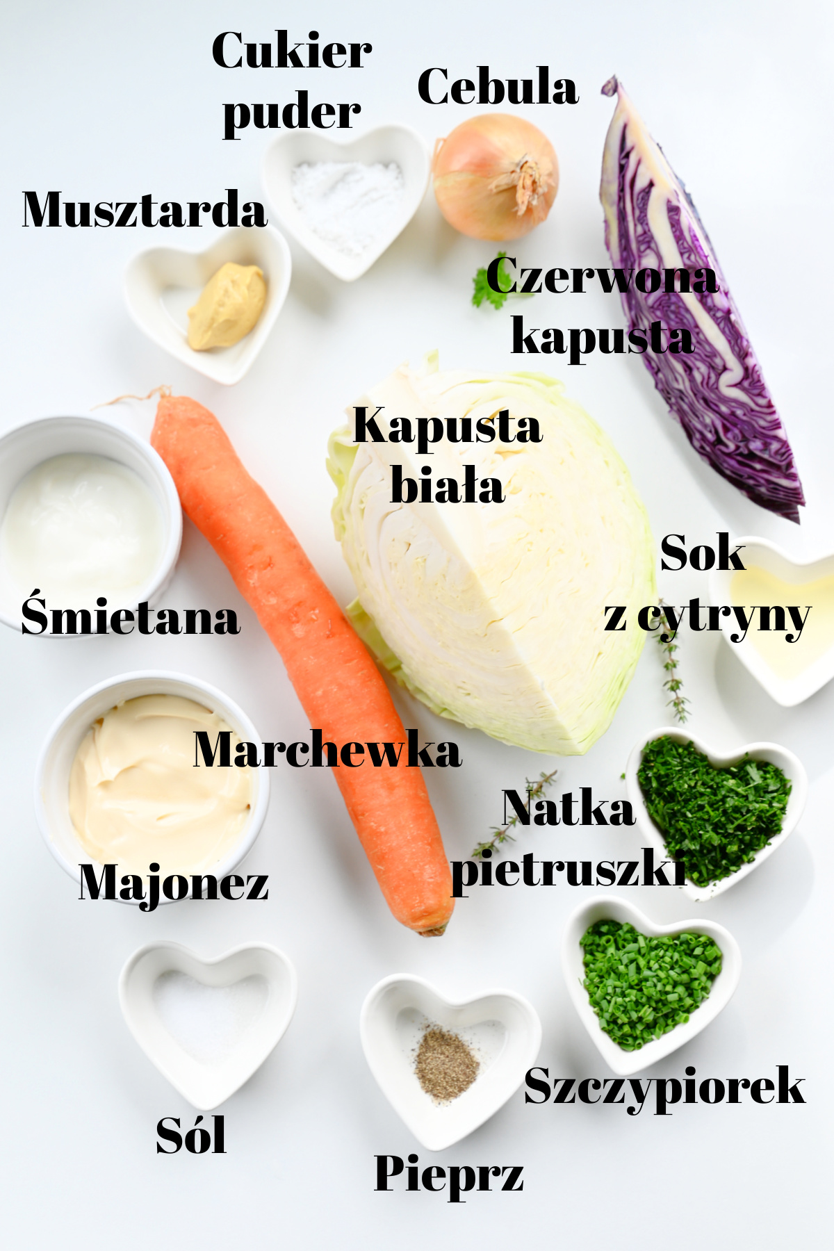 Składniki na surówkę colesław z podpisami rozłożone na białym tle.