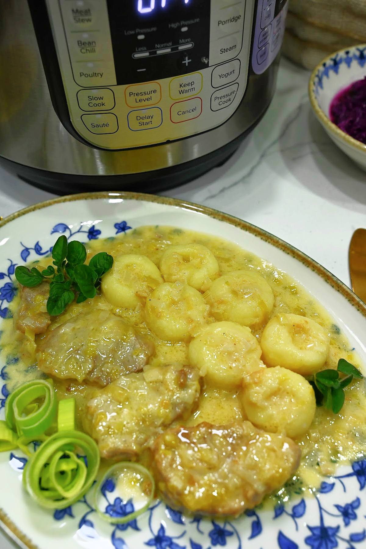 Gotowa polędwiczka w sosie serowo-porowym na talerzu na tle szybkowaru Instant Pot.